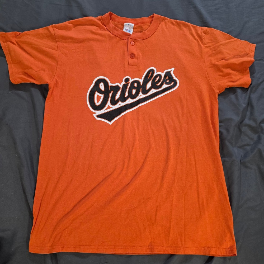 Majestic Baltimore Orioles MLB Henley Shirt Orange Mens XL Short Sleeve Tee